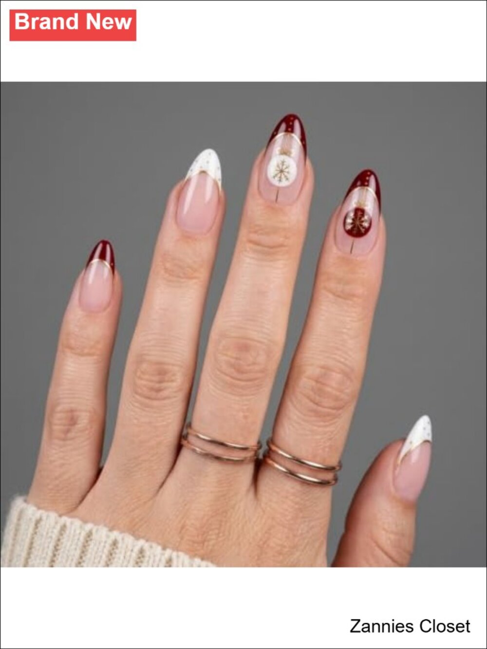 🎄French Almond Press On Nails 24Pc Gel Glossy Christmas Nail Art Set Medium